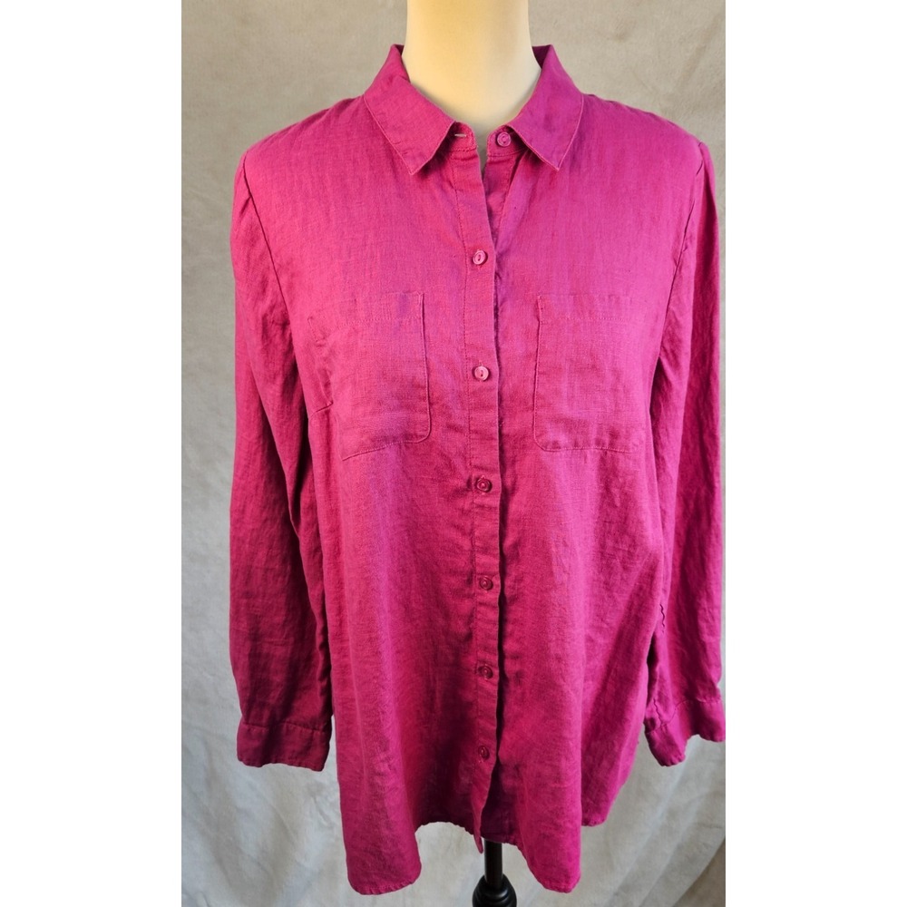 Charter Club Luxury 100% Linen Shirt‎ Large Fuchsia Pink Button Down Tunic Top